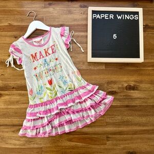 Paper Wings Girls Make A Wish Organic Cotton Ruffle Dress 5 Grey Pink Stripes